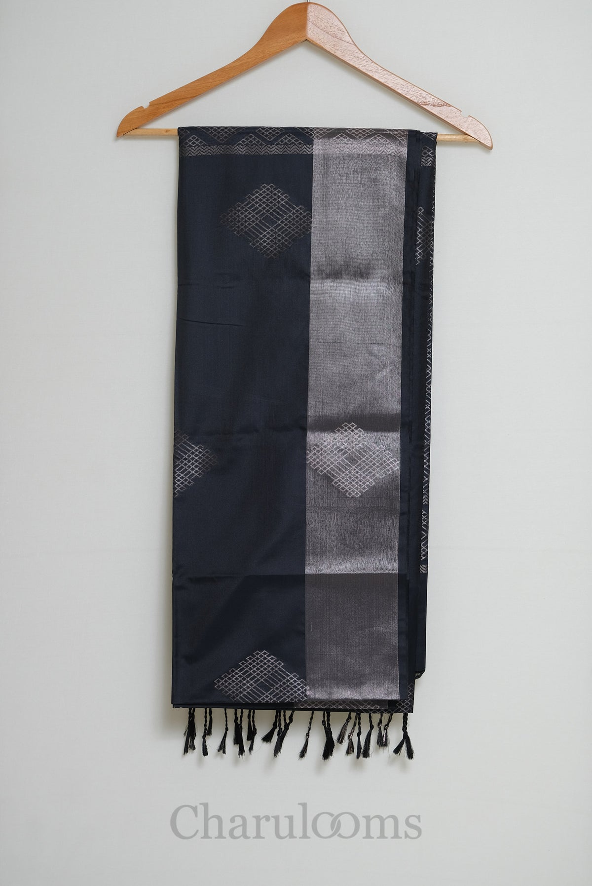 Charcoal Grey & Silver Geometric Soft Semi Silk Saree