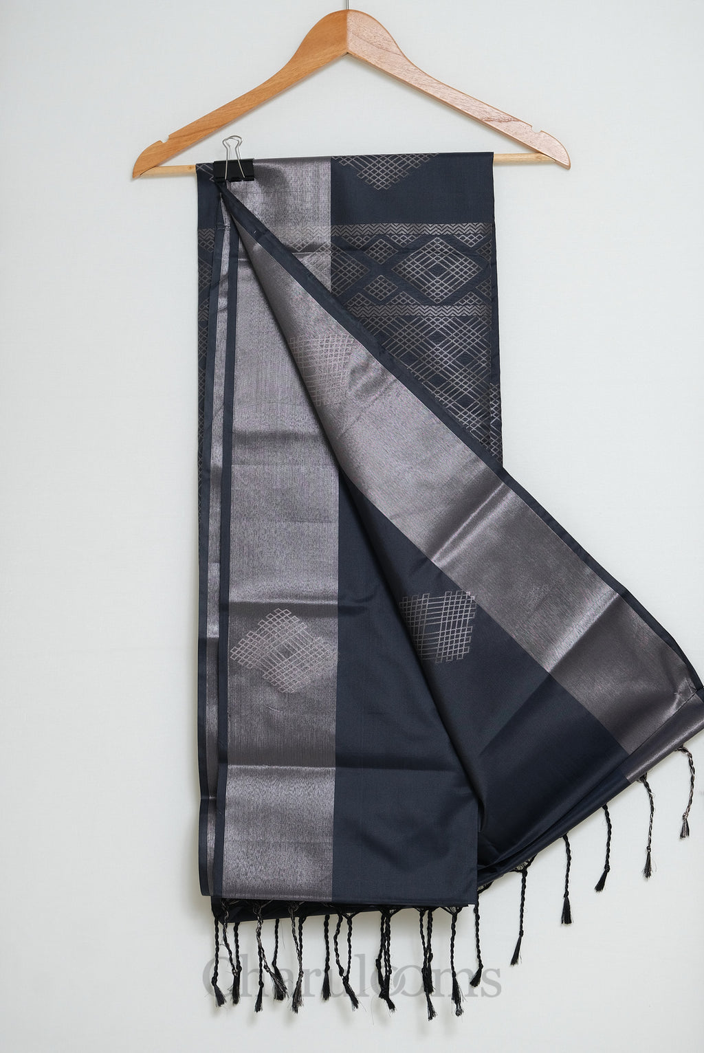 Charcoal Grey & Silver Geometric Soft Semi Silk Saree