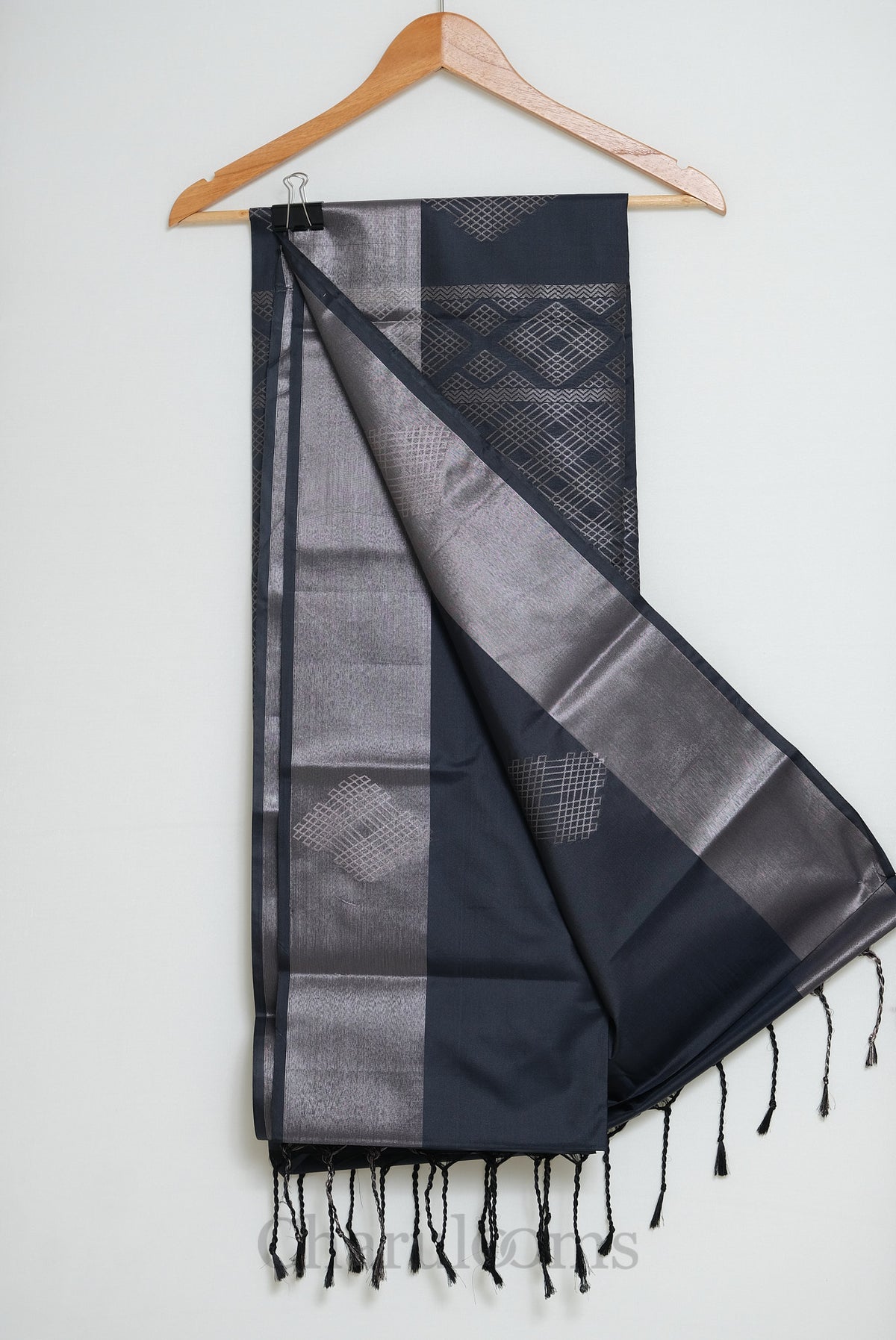 Charcoal Grey & Silver Geometric Soft Semi Silk Saree