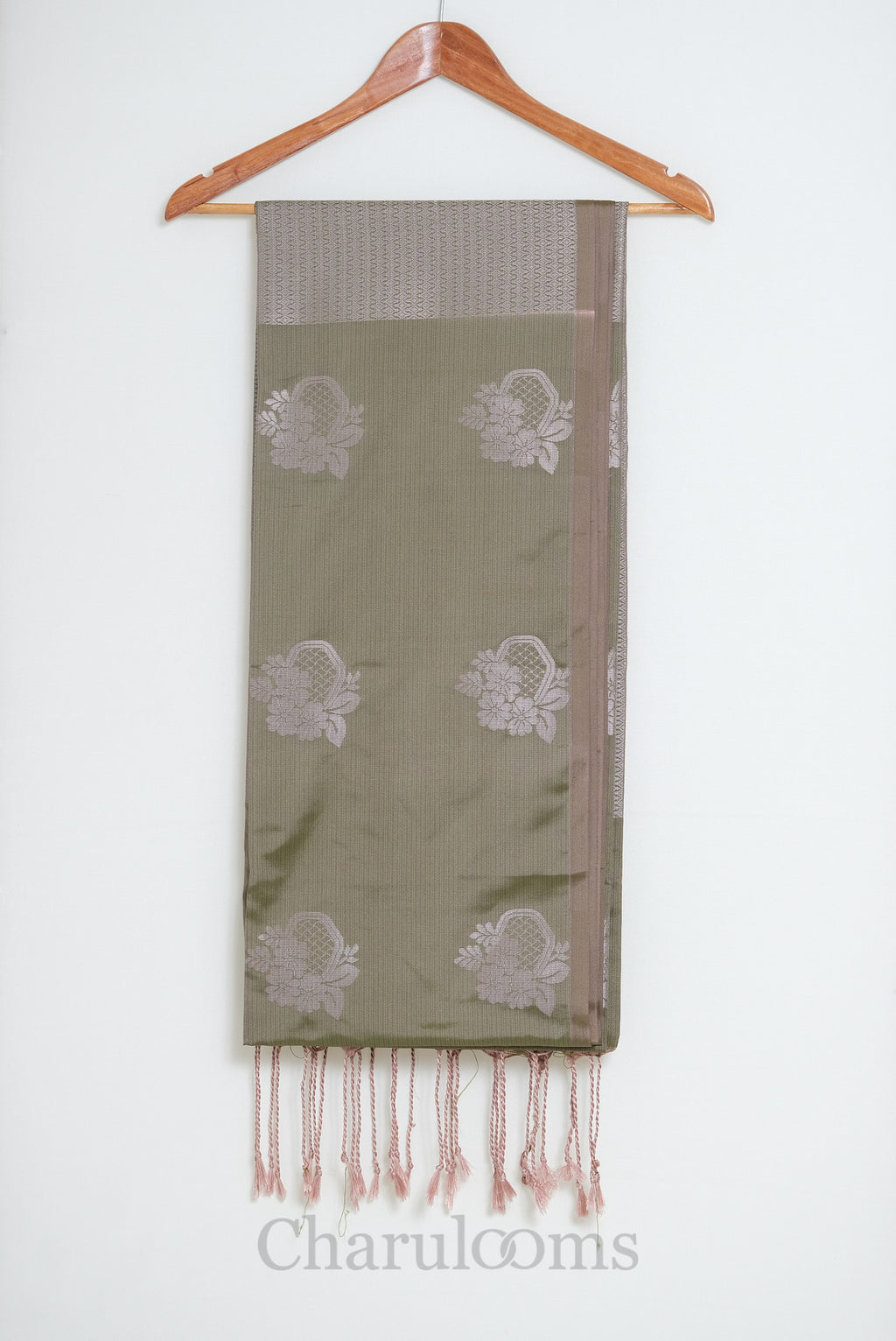 Sage Green & Blush Silver Floral Soft Silk Saree
