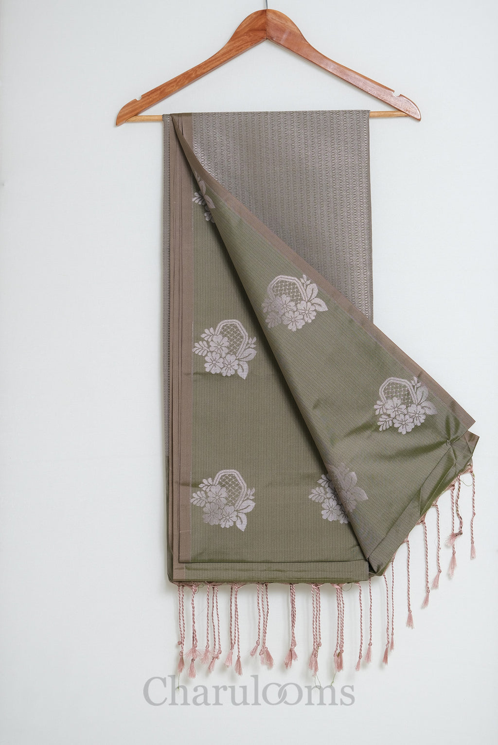 Sage Green & Blush Silver Floral Soft Silk Saree