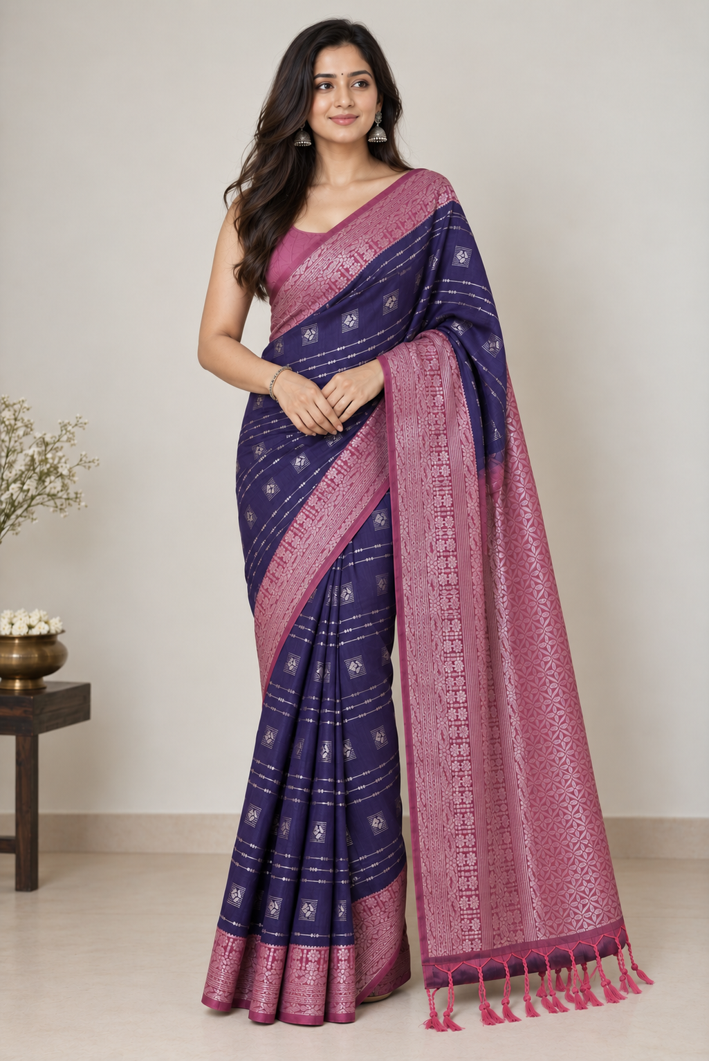 Deep Purple & Rose Pink Woven Soft Silk Saree
