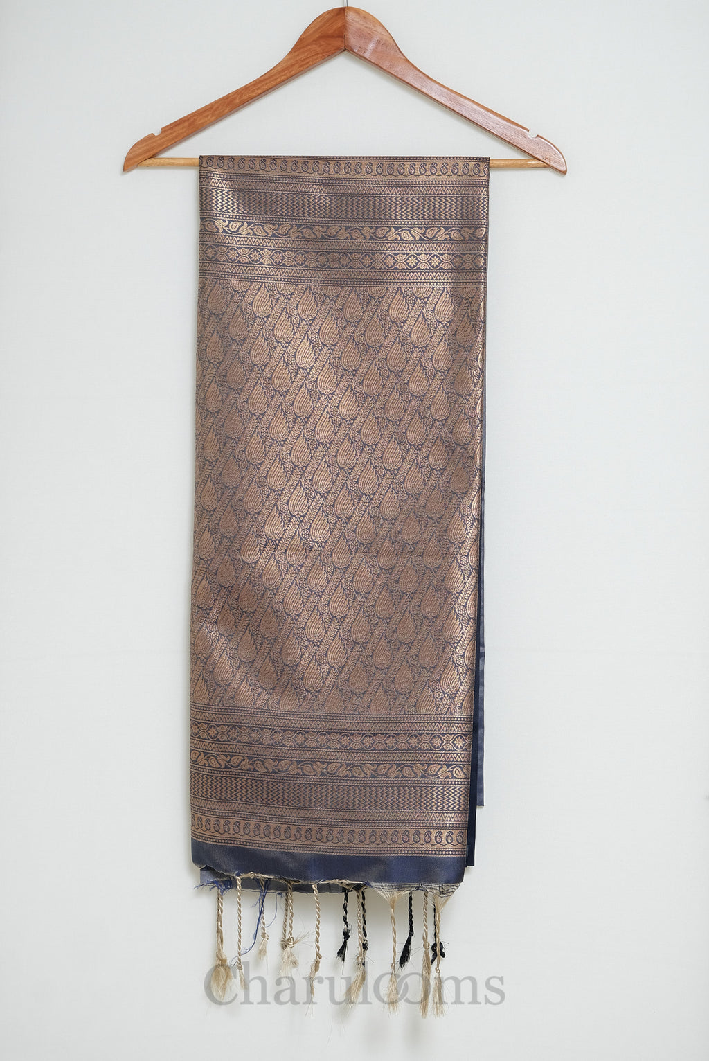 Steel Grey & Navy Blue Antique Gold Soft Silk Saree