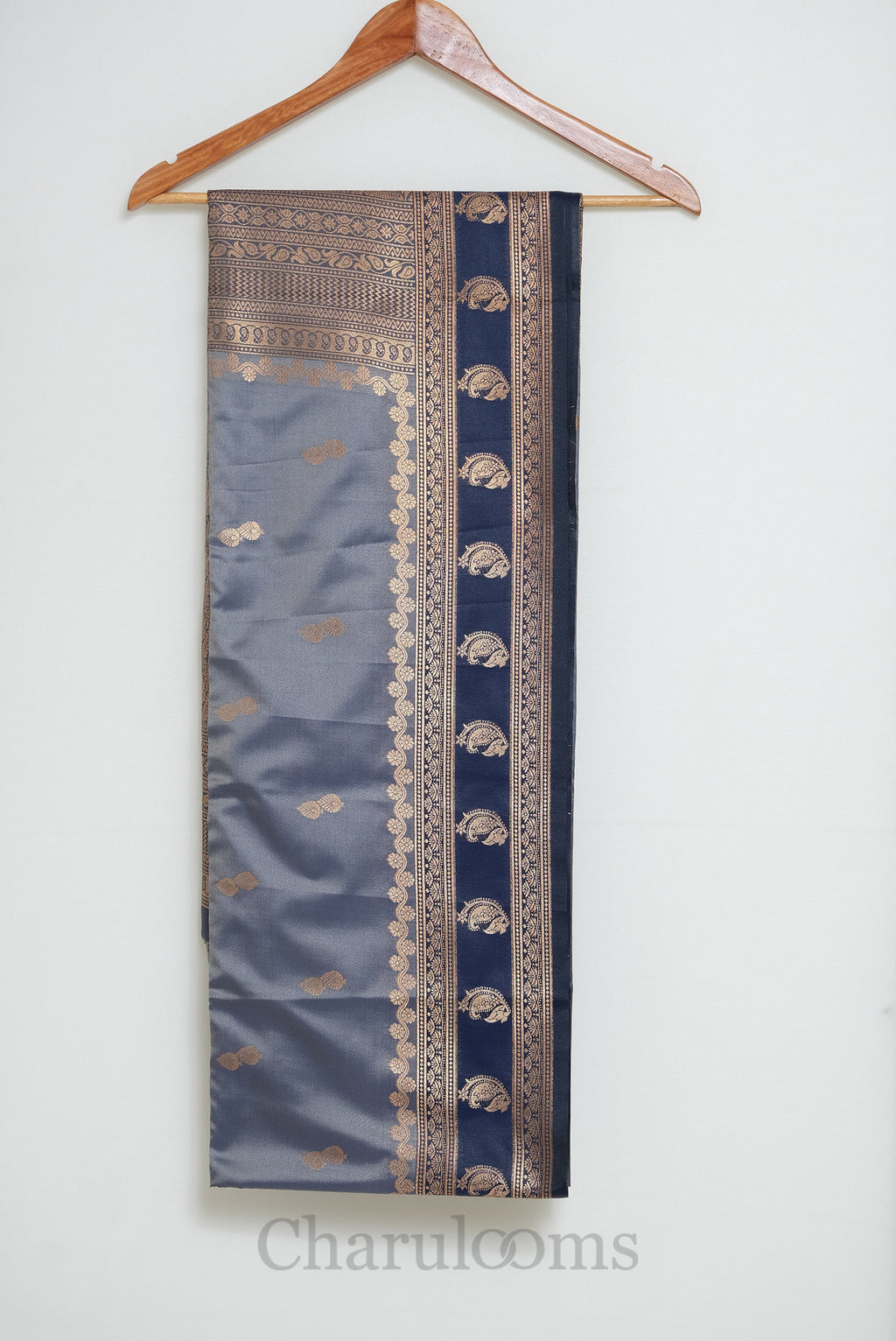 Steel Grey & Navy Blue Antique Gold Soft Silk Saree