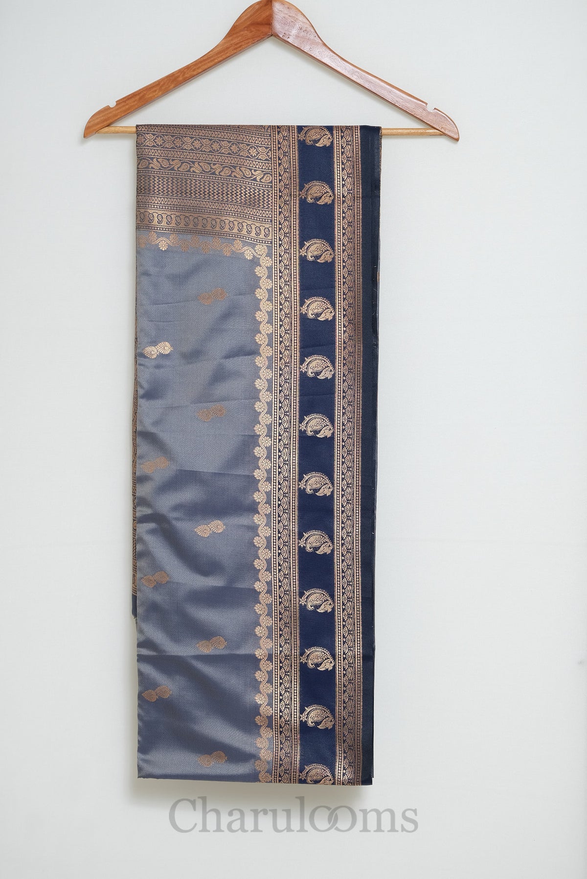 Steel Grey & Navy Blue Antique Gold Soft Silk Saree