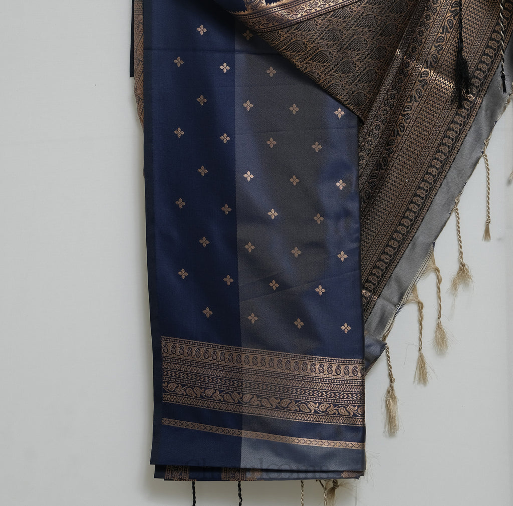 Steel Grey & Navy Blue Antique Gold Soft Silk Saree