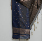 Steel Grey & Navy Blue Antique Gold Soft Silk Saree