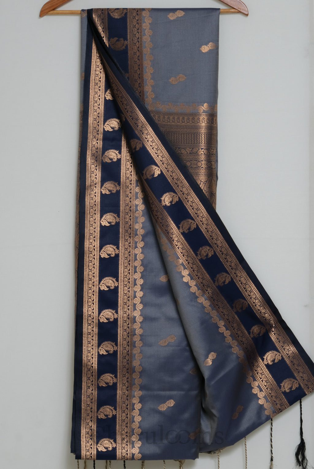 Steel Grey & Navy Blue Antique Gold Soft Silk Saree