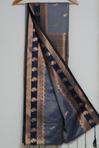 Steel Grey & Navy Blue Antique Gold Soft Silk Saree
