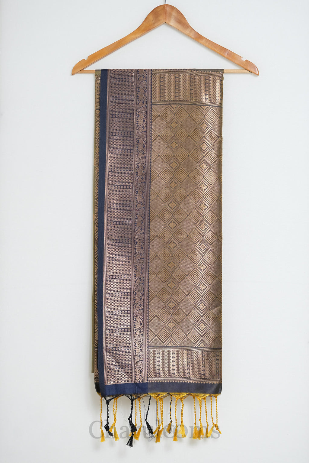 Olive Green & Navy Blue Antique Gold Soft Silk Saree