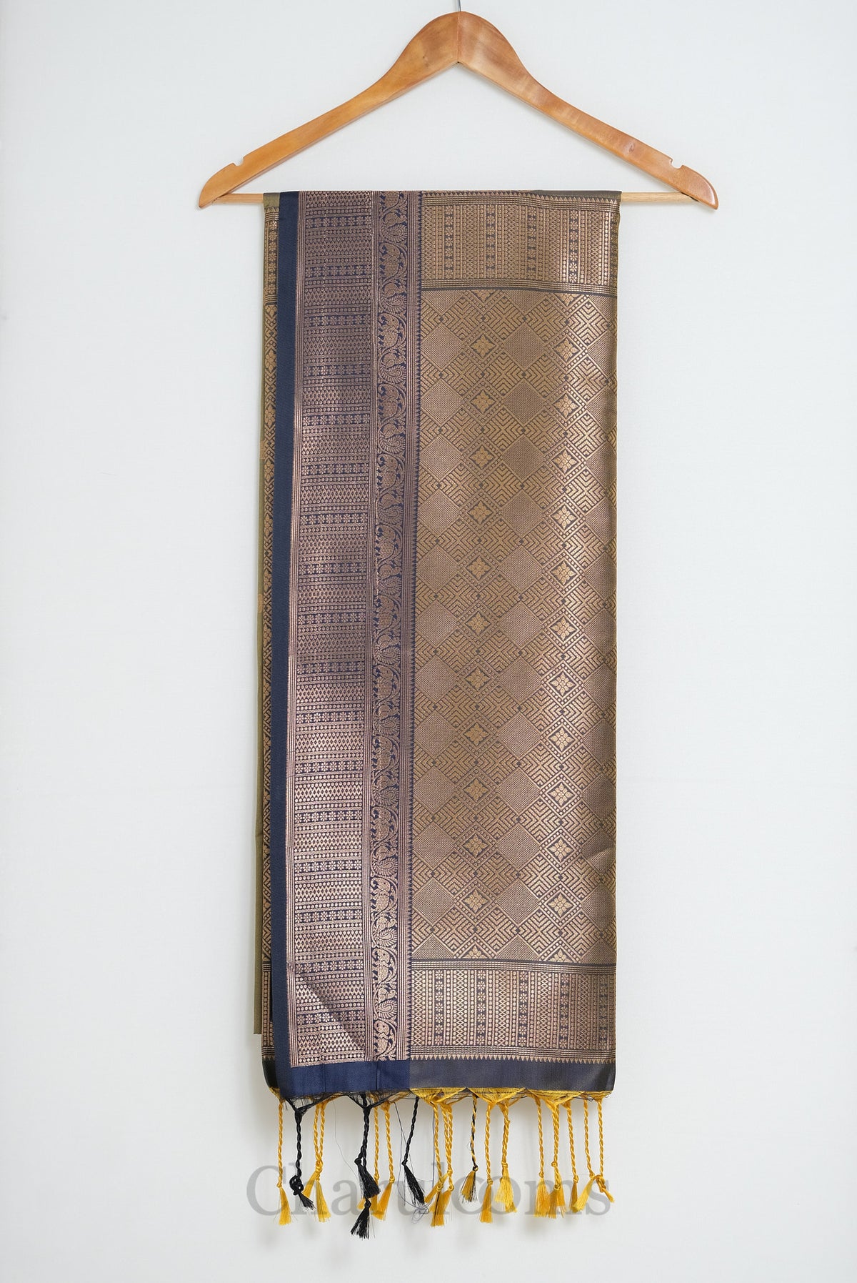 Olive Green & Navy Blue Antique Gold Soft Silk Saree