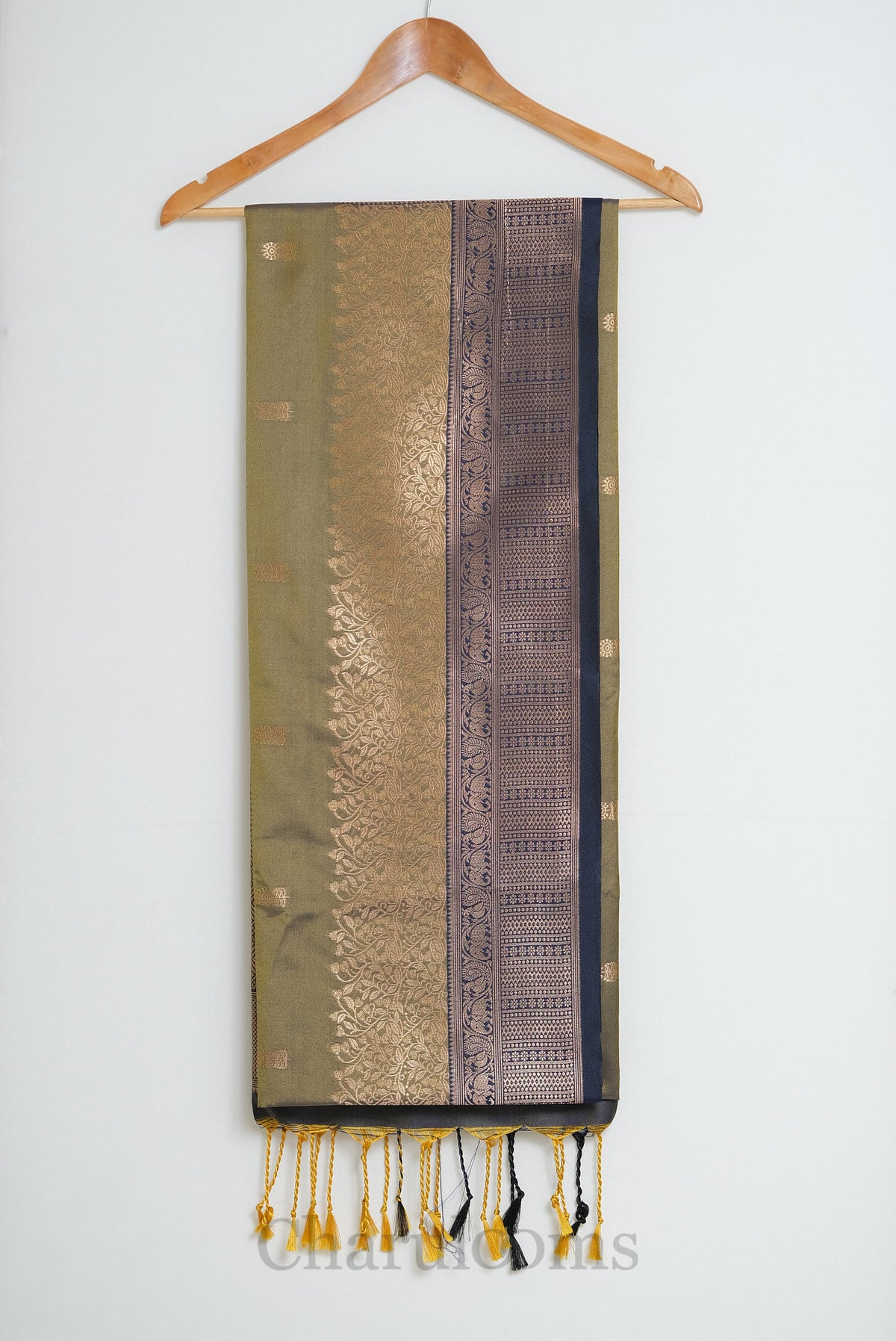Olive Green & Navy Blue Antique Gold Soft Silk Saree