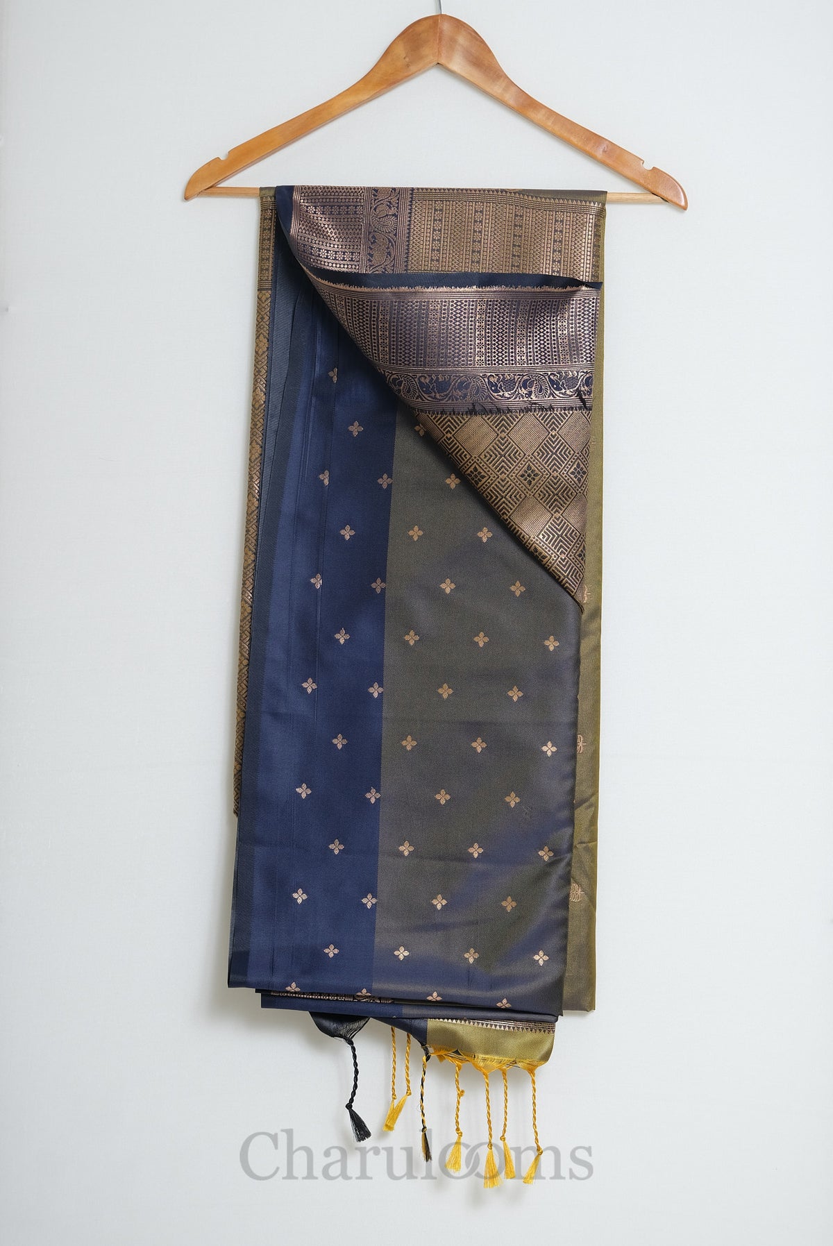 Olive Green & Navy Blue Antique Gold Soft Silk Saree
