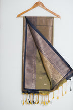 Olive Green & Navy Blue Antique Gold Soft Silk Saree