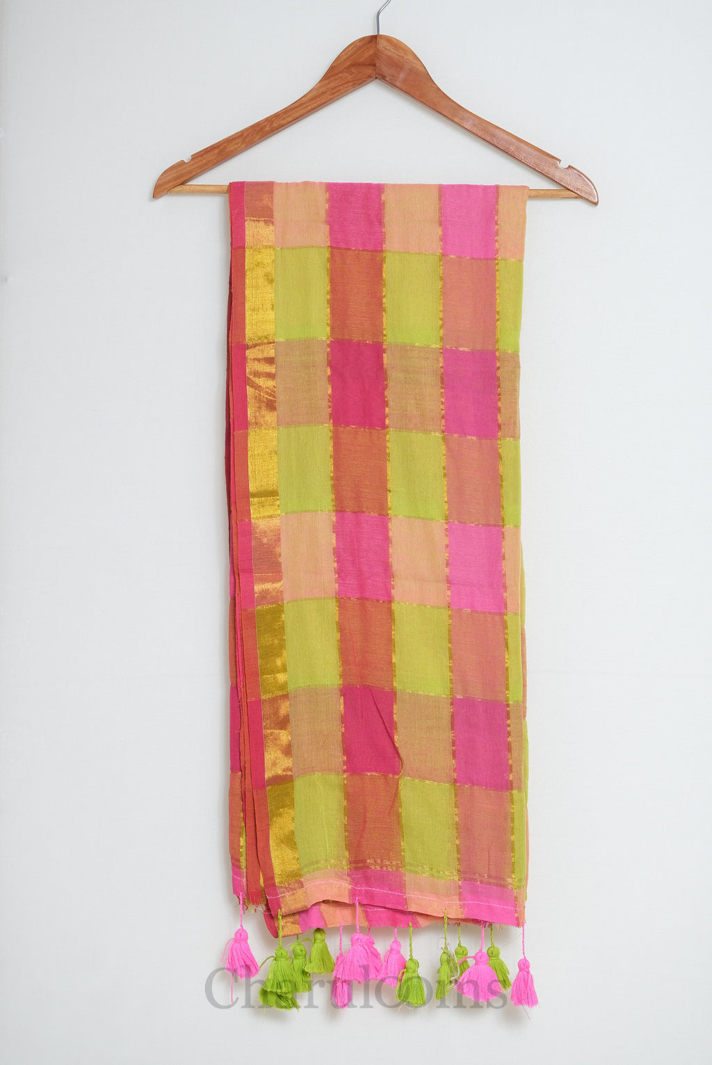 Multicolour Checked Mul Cotton Saree with Pink & Green Tassels