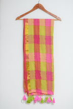 Multicolour Checked Mul Cotton Saree with Pink & Green Tassels