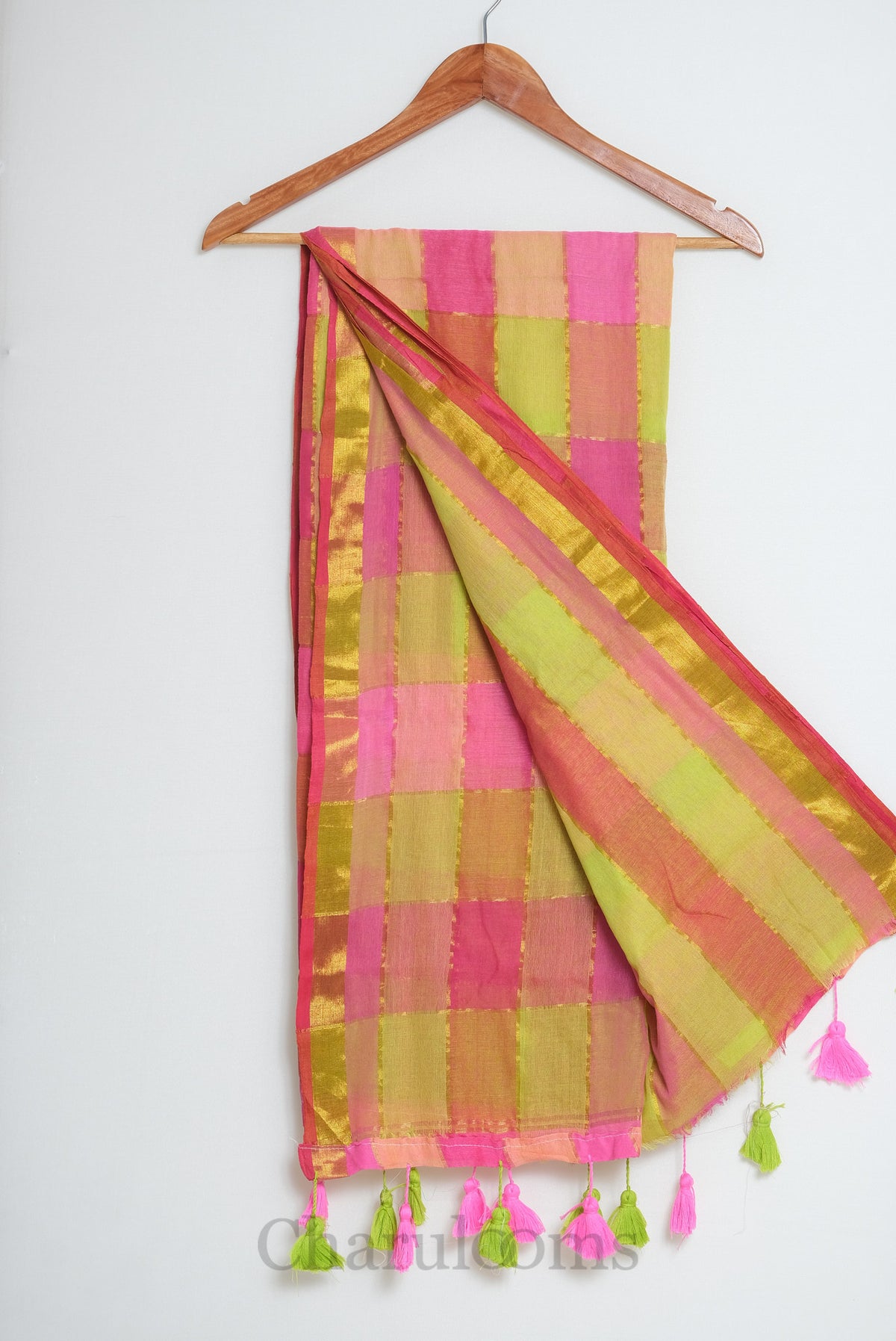 Multicolour Checked Mul Cotton Saree with Pink & Green Tassels
