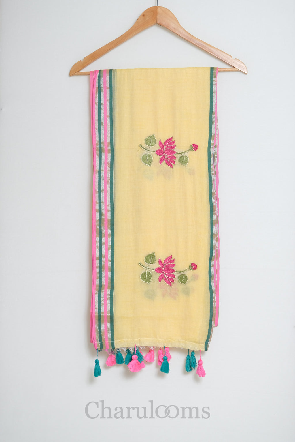 Pale Yellow Mul Cotton Saree with Pink & Green Border