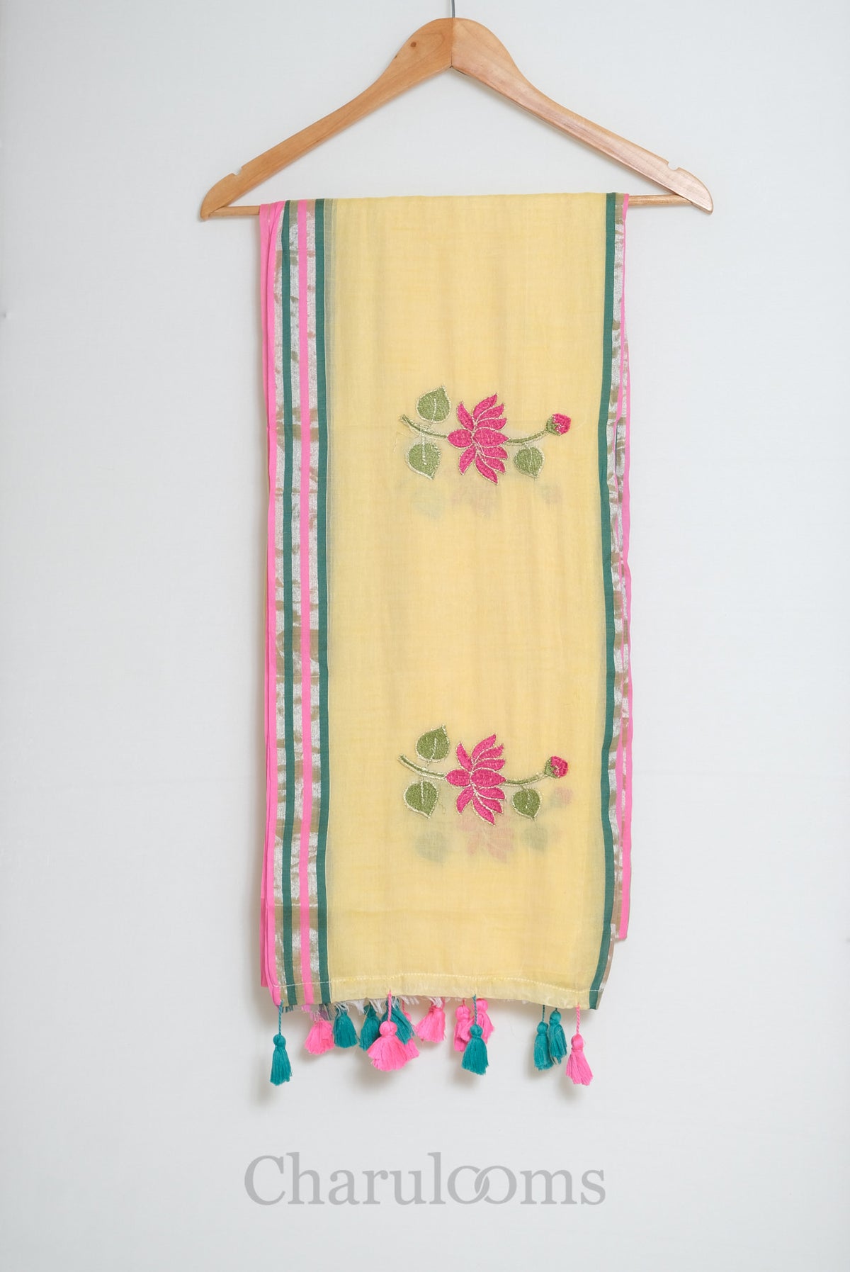 Pale Yellow Mul Cotton Saree with Pink & Green Border