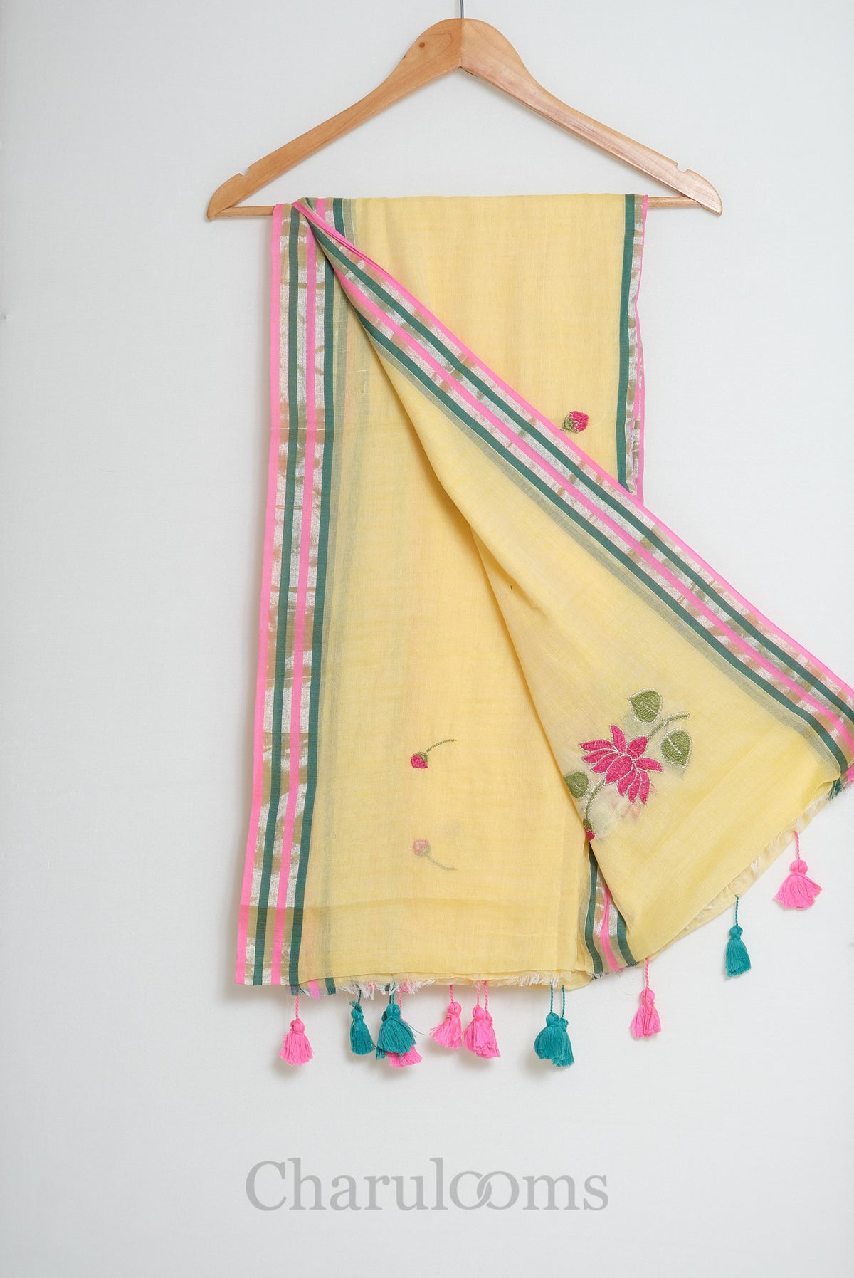 Pale Yellow Mul Cotton Saree with Pink & Green Border