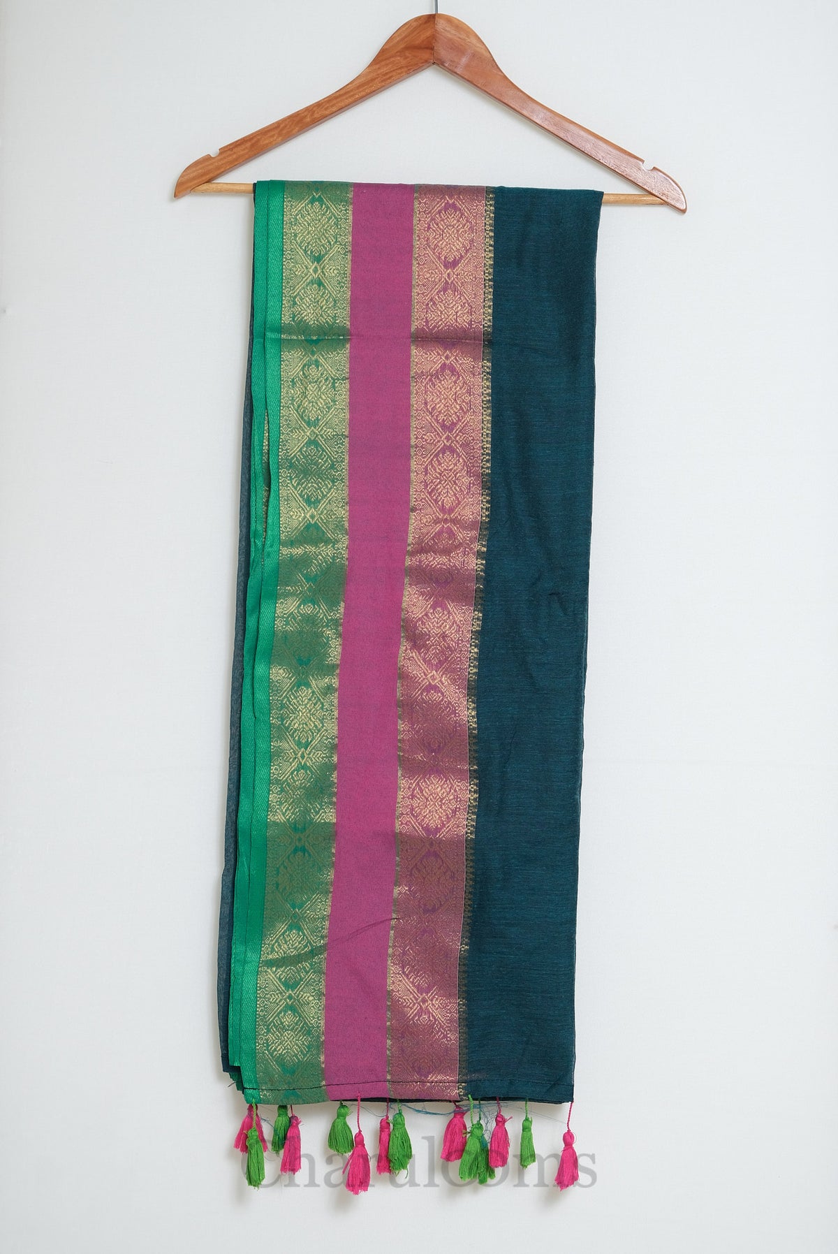 Teal Blue Mul Cotton Saree with Pink & Green Zari Border