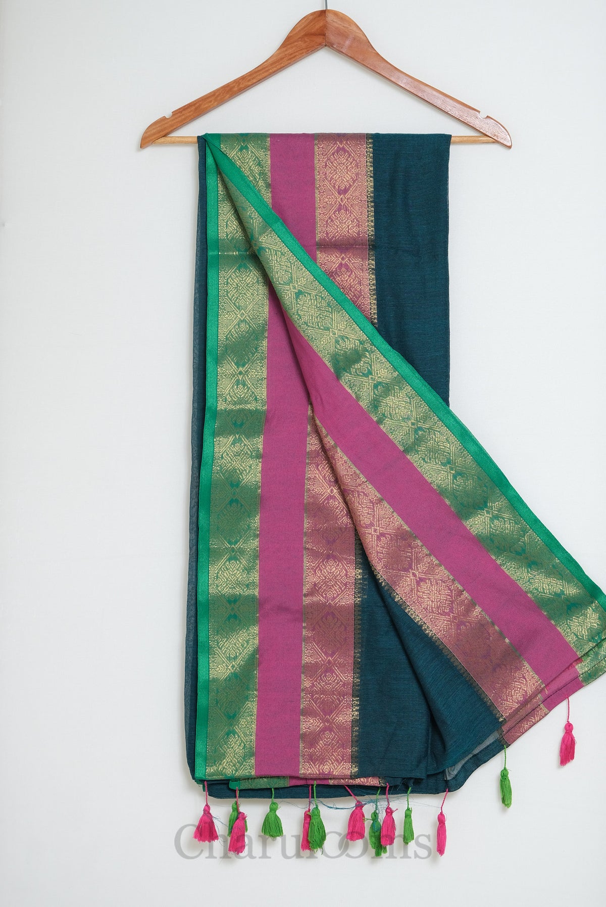 Teal Blue Mul Cotton Saree with Pink & Green Zari Border