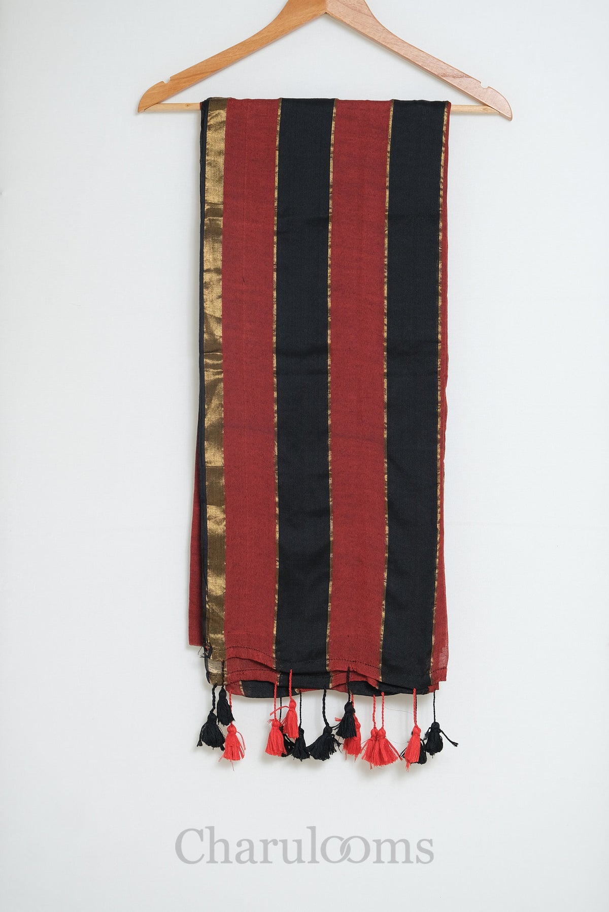 Maroon & Black Striped Mul Cotton Saree with Gold Zari