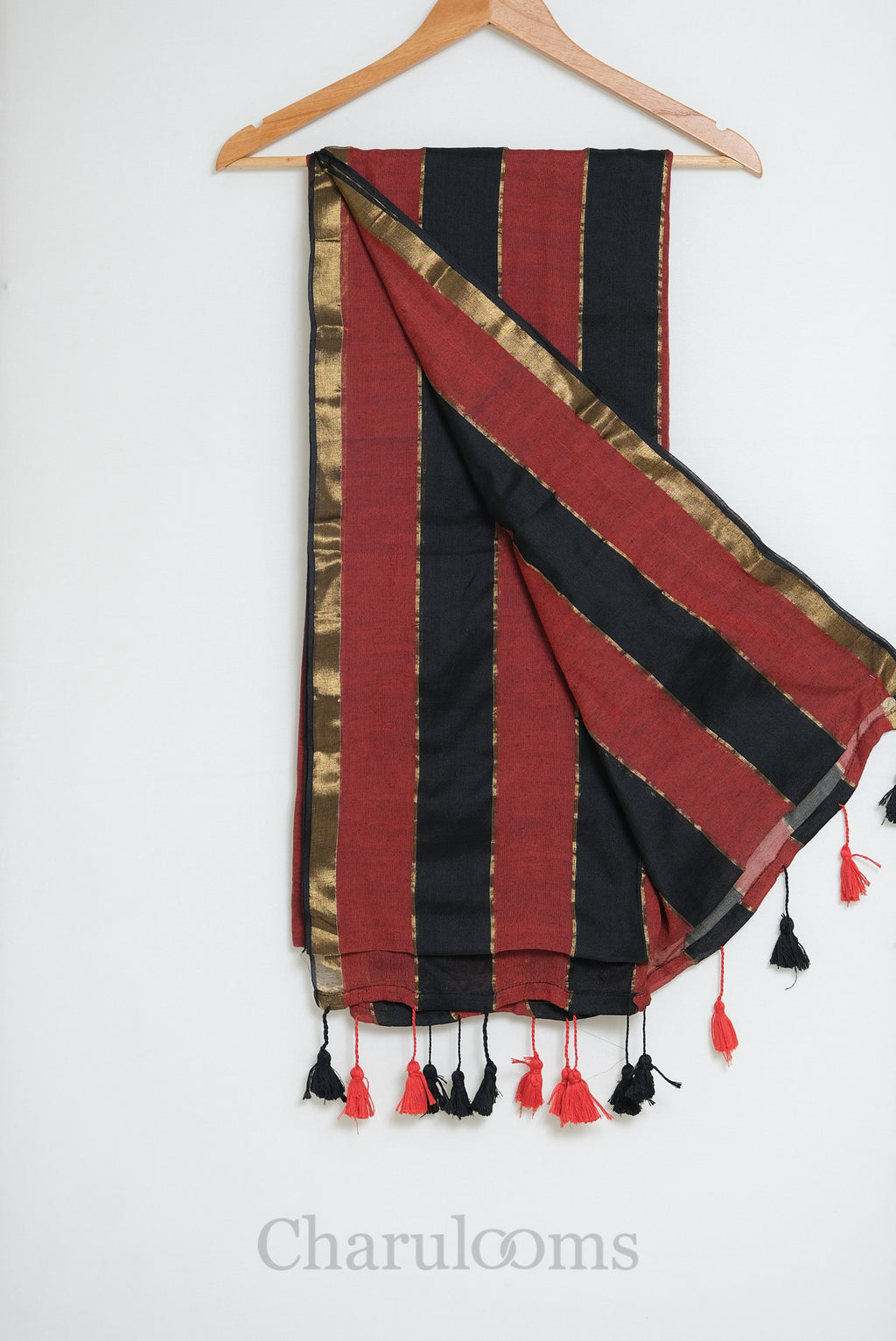 Maroon & Black Striped Mul Cotton Saree with Gold Zari