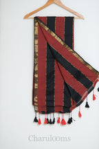 Maroon & Black Striped Mul Cotton Saree with Gold Zari