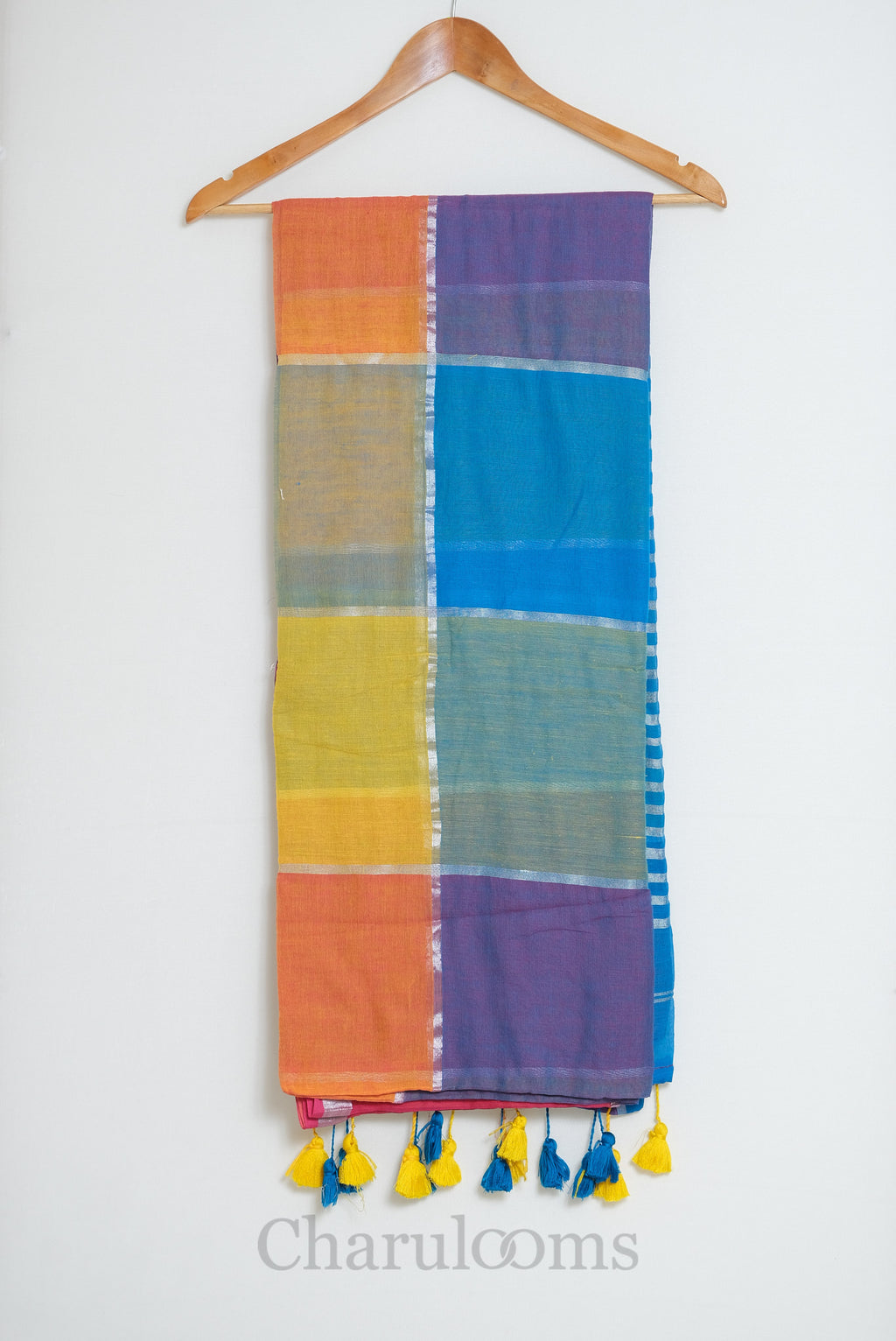 Multicolour Colour-Block Mul Cotton Saree with Silver Zari