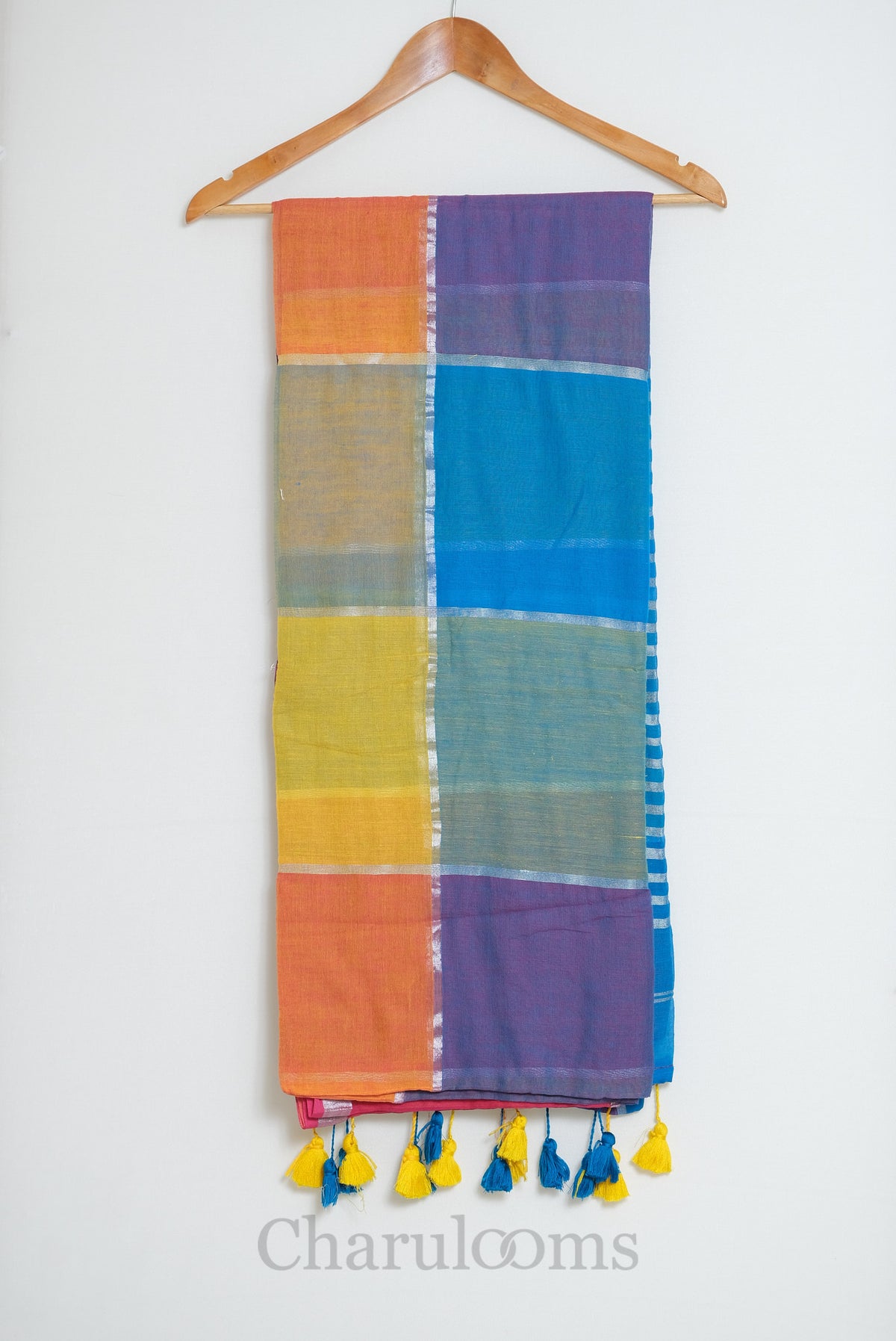 Multicolour Colour-Block Mul Cotton Saree with Silver Zari