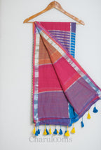 Multicolour Colour-Block Mul Cotton Saree with Silver Zari