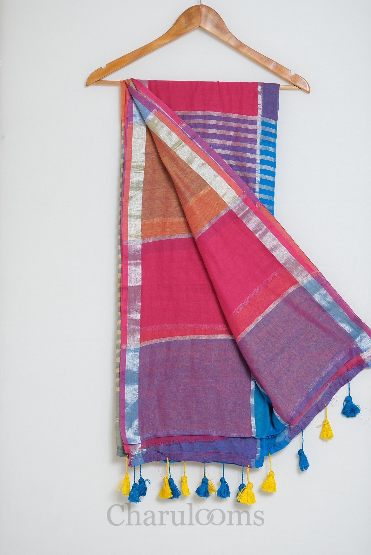 Multicolour Colour-Block Mul Cotton Saree with Silver Zari