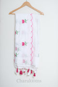 White Mul Cotton Saree with Pink Floral Embroidery