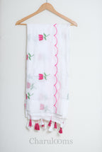 White Mul Cotton Saree with Pink Floral Embroidery