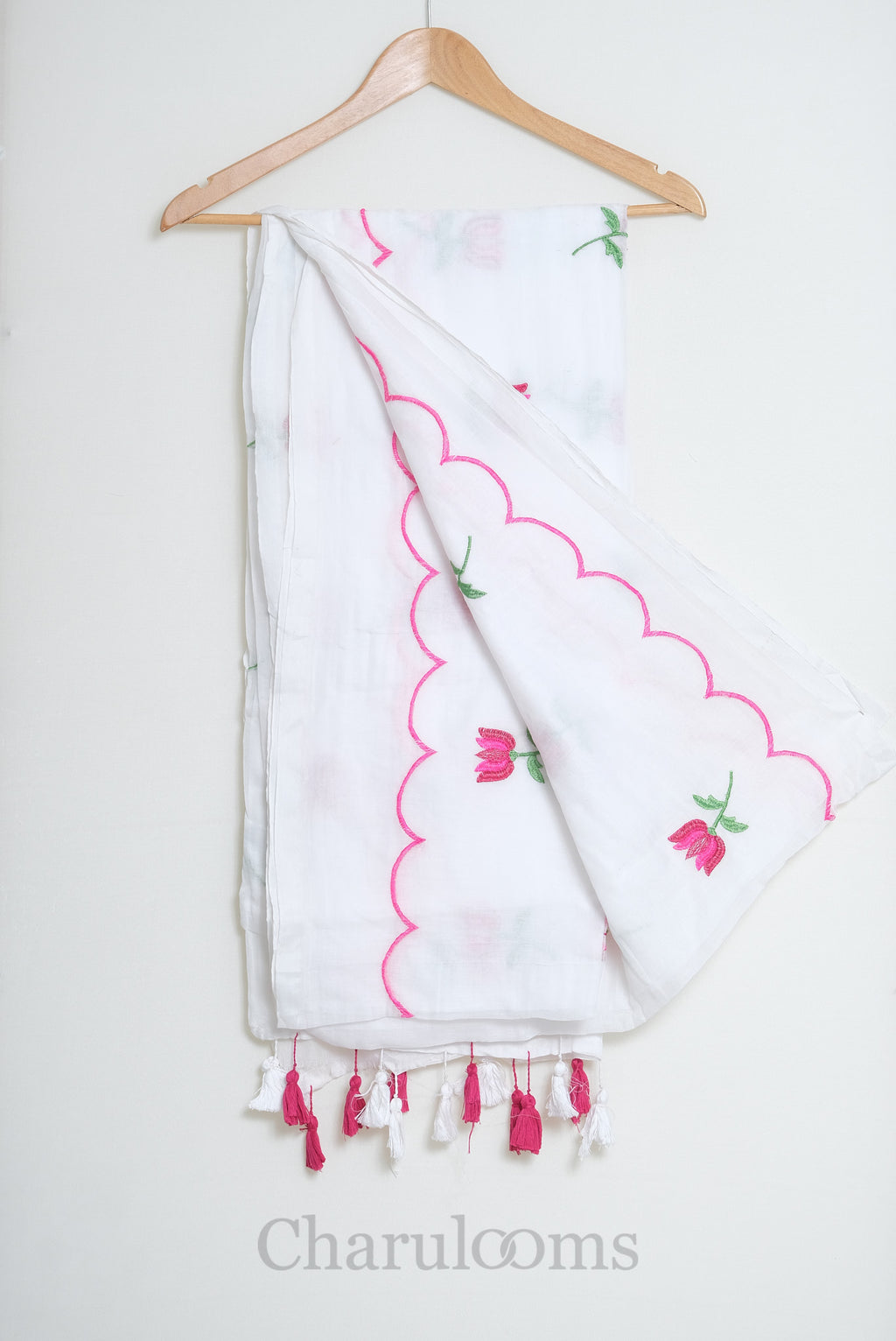 White Mul Cotton Saree with Pink Floral Embroidery