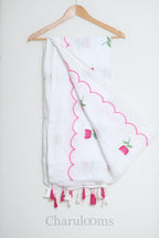 White Mul Cotton Saree with Pink Floral Embroidery