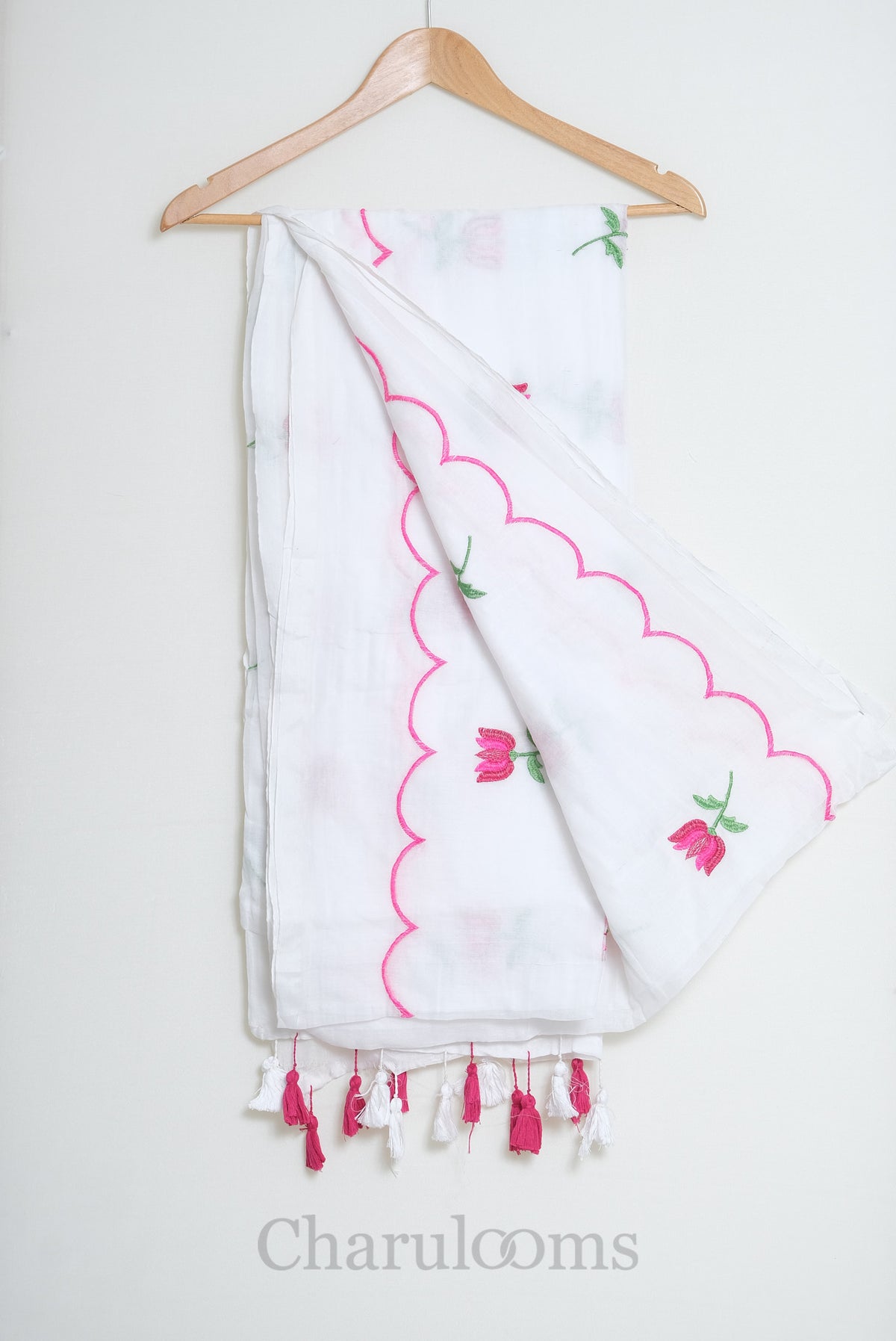 White Mul Cotton Saree with Pink Floral Embroidery