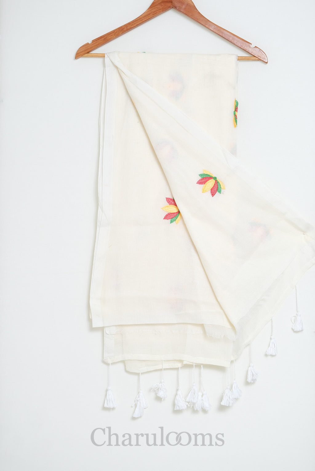 Ivory Mul Cotton Saree with Multicolour Floral Embroidery