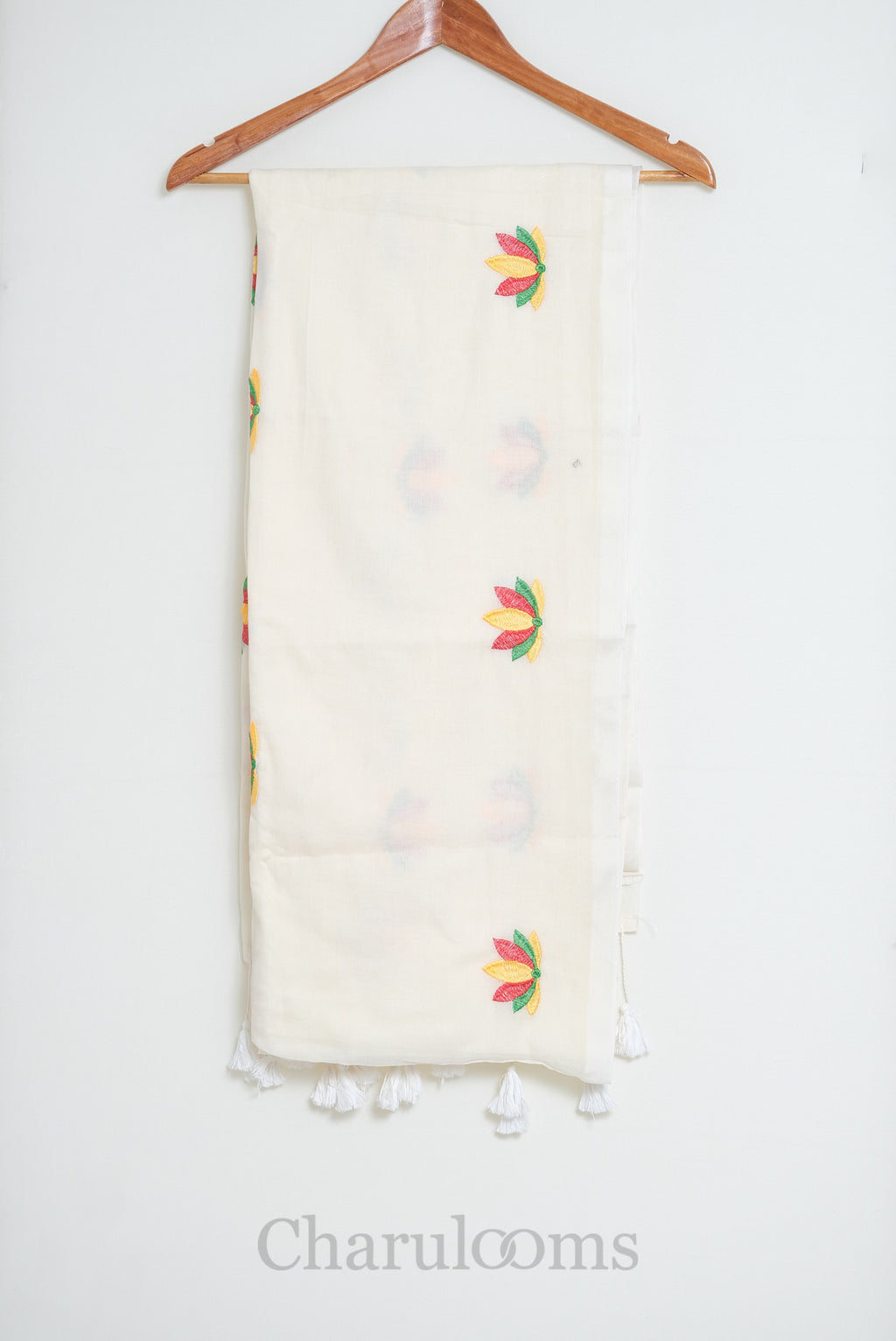 Ivory Mul Cotton Saree with Multicolour Floral Embroidery