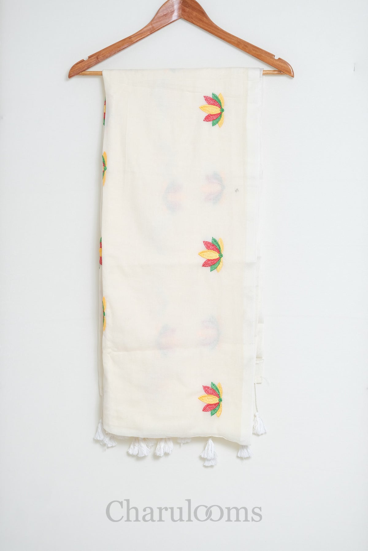 Ivory Mul Cotton Saree with Multicolour Floral Embroidery