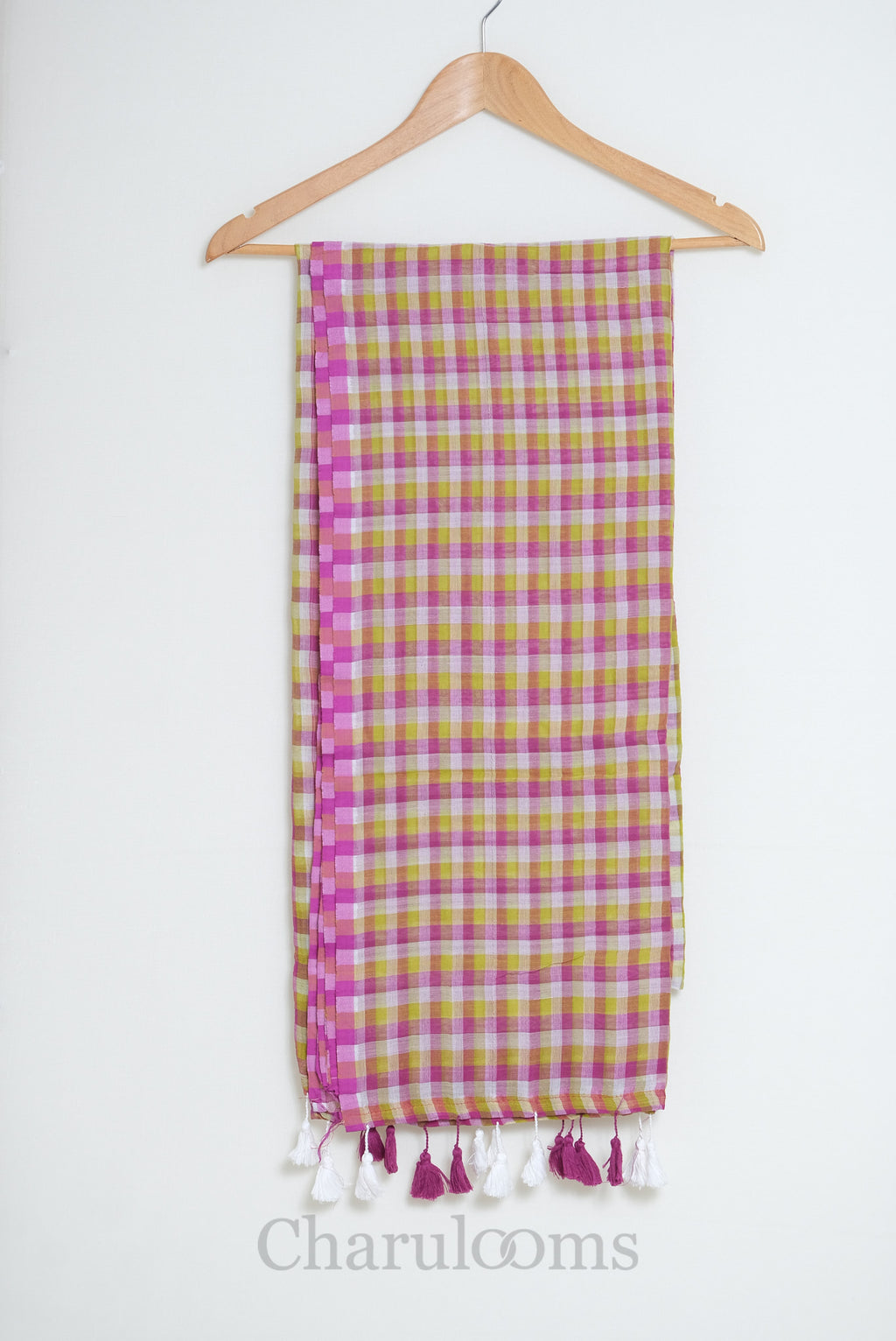 Pink & Lime Green Checkered Mul Cotton Saree