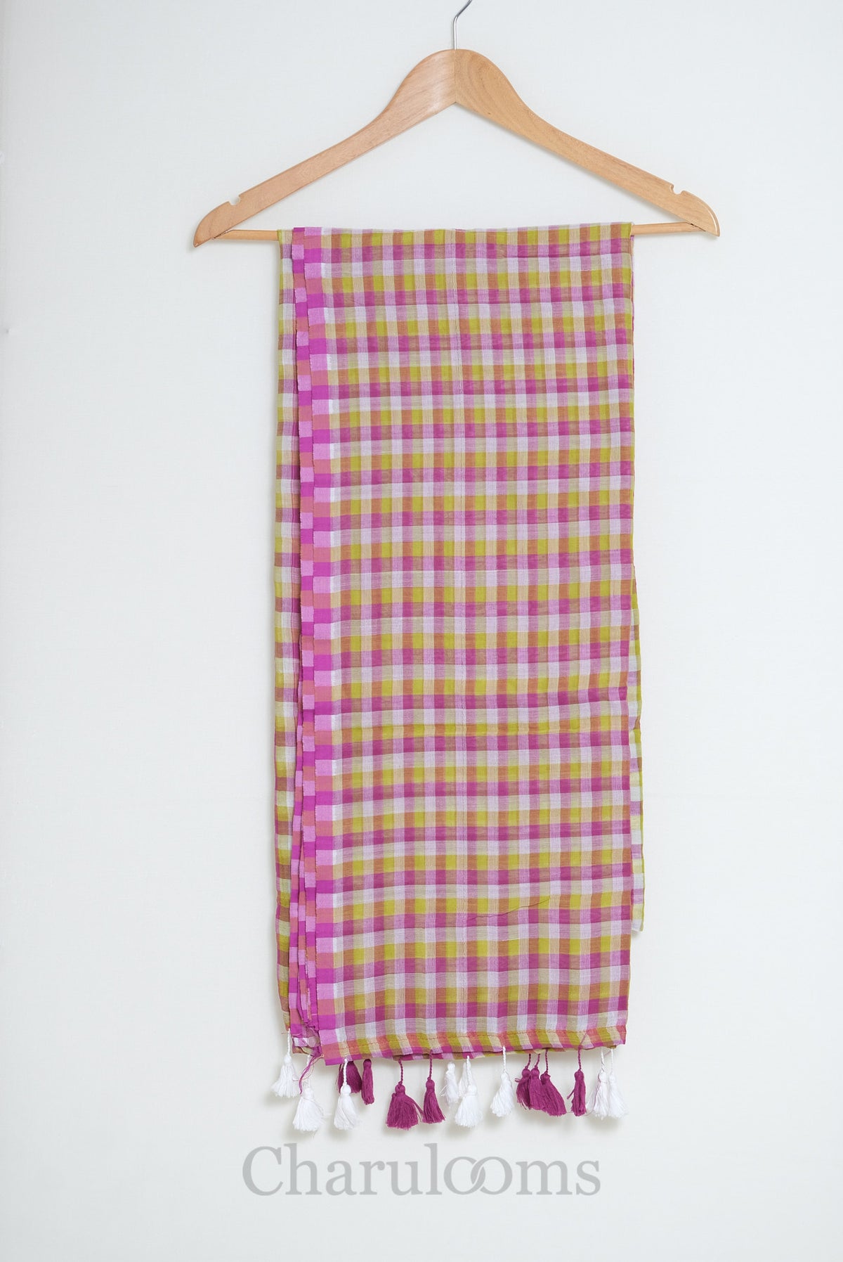 Pink & Lime Green Checkered Mul Cotton Saree