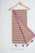 Pink & Lime Green Checkered Mul Cotton Saree