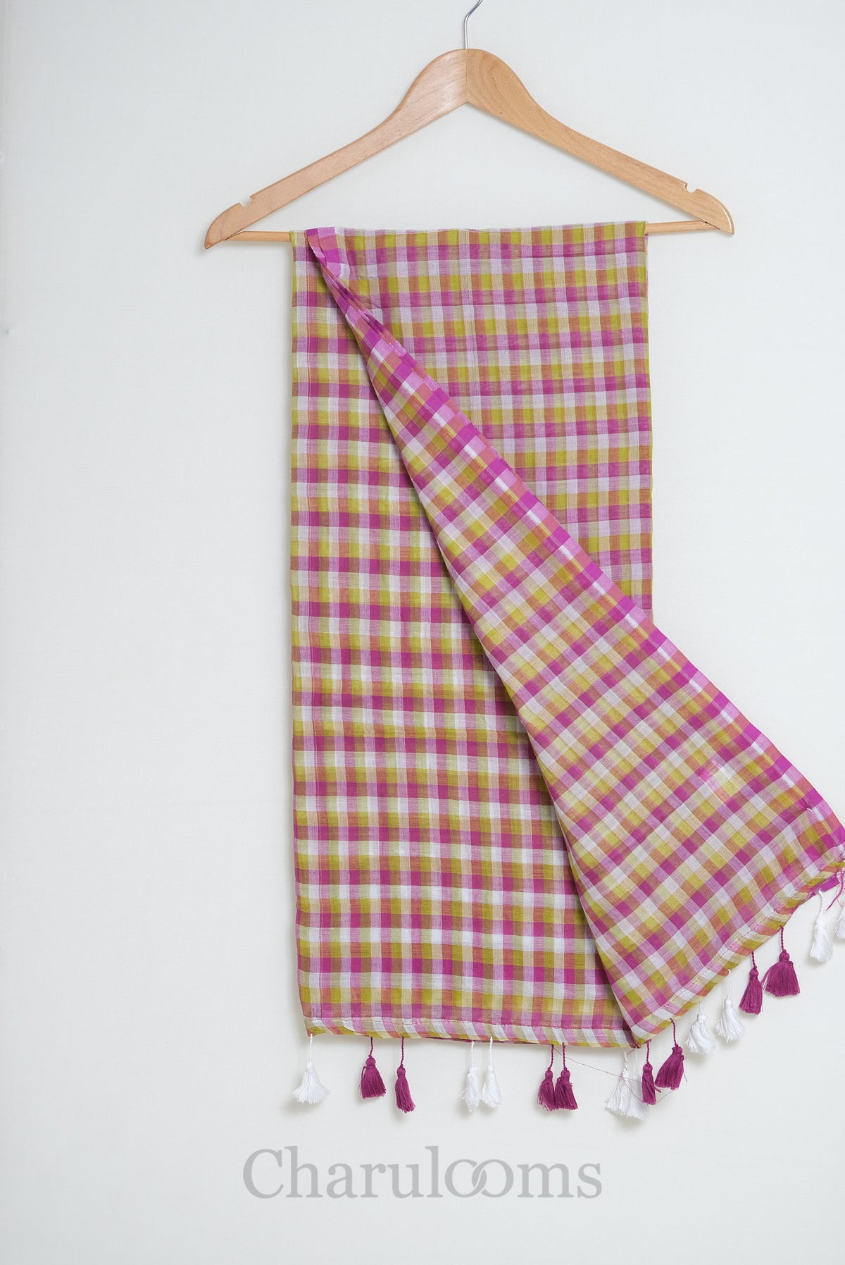 Pink & Lime Green Checkered Mul Cotton Saree