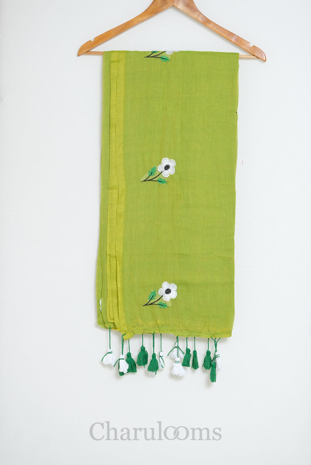 Lime Green Mul Cotton Saree with White Floral Embroidery