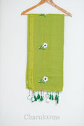 Lime Green Mul Cotton Saree with White Floral Embroidery