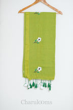Lime Green Mul Cotton Saree with White Floral Embroidery