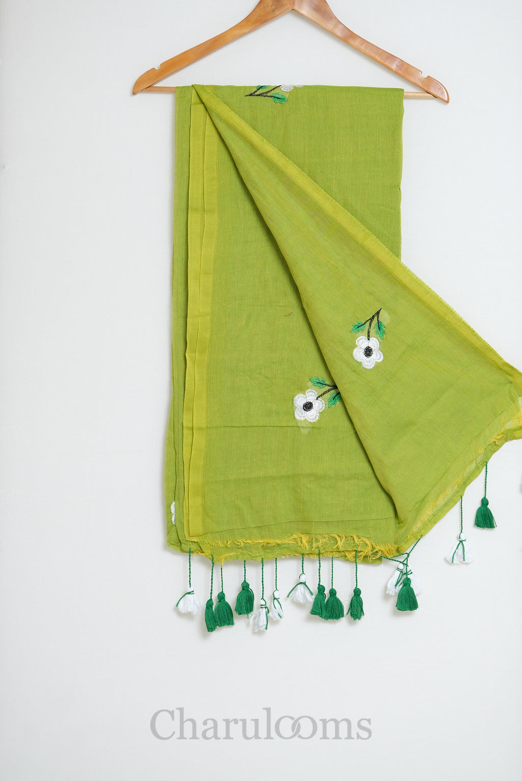 Lime Green Mul Cotton Saree with White Floral Embroidery