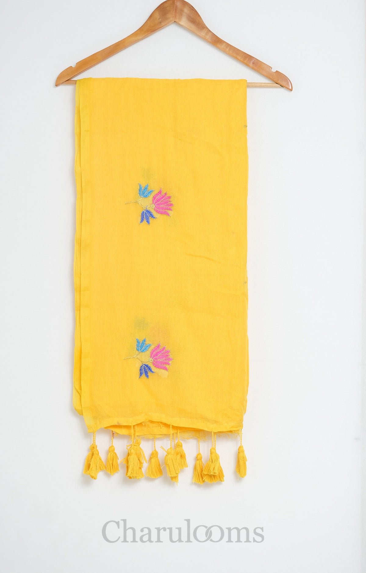 Yellow Mul Cotton Saree with Pink & Blue Floral Embroidery